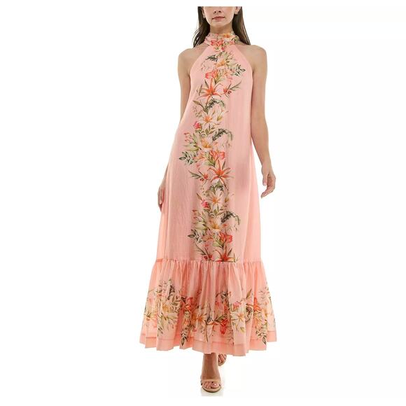 NWT Taylor peach floral halter ruffle maxi dress size 8 - Picture 1 of 9
